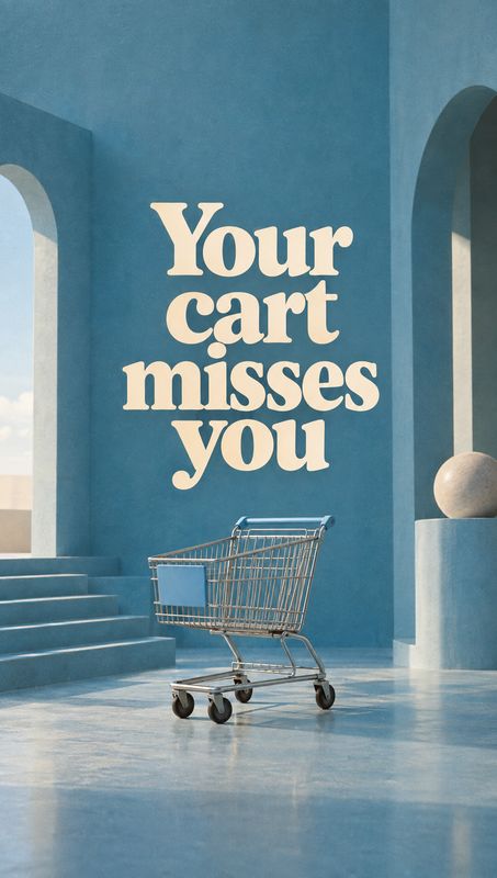 shopping cart still life product photo: A metal shopping cart sits in a sculptural blue architectural space beneath large cream lettering, with cool, soft ligh…