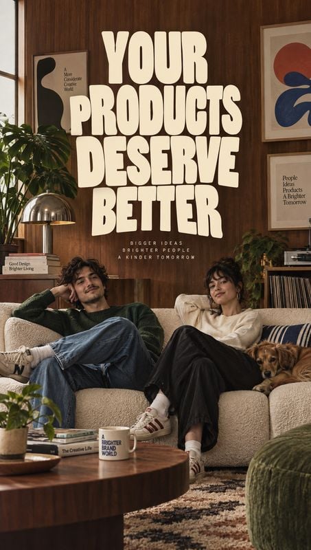 lifestyle scene product photo: Two adults relax with a dog in a warmly styled living room beneath oversized cream typography, creating a cozy but bold brand-ca…