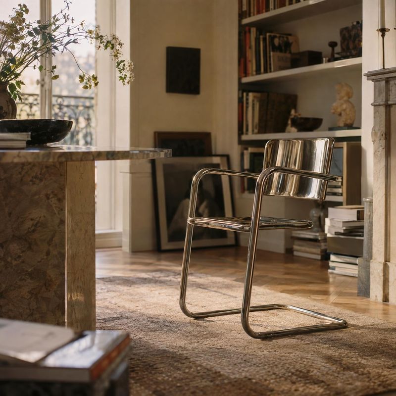 chrome accent chair room set product photo: A polished chrome chair stands on a textured rug in a warm, book-lined interior, with soft natural light and an ele…