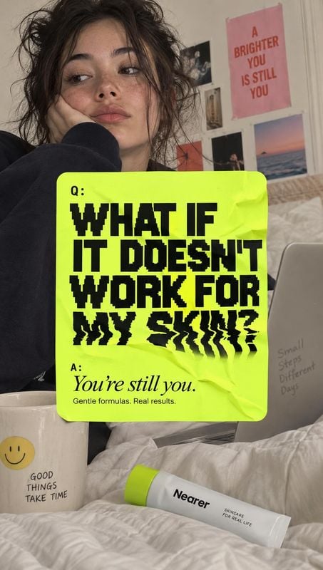 skincare tube beauty close-up product photo: A young woman lounges in a cozy bedroom beside a skincare tube, while a bright lime-green question-and-answer card…