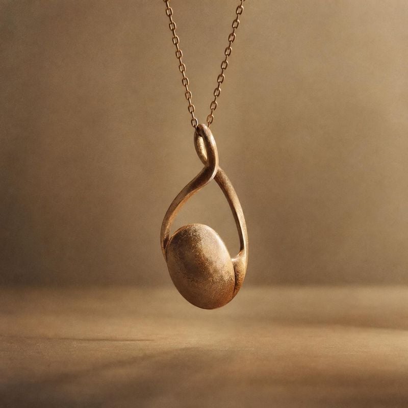 gold pendant necklace floating product product photo: A sculptural gold-toned pendant necklace hangs against a softly textured warm-brown studio backdrop, illu…