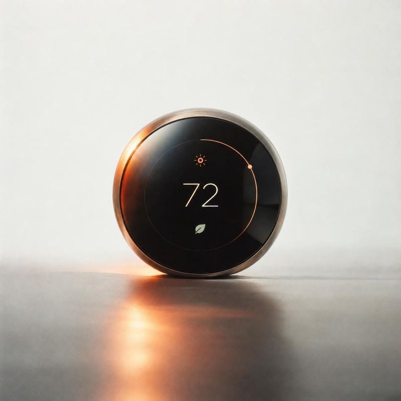 smart thermostat electronics product photo: A round black smart thermostat sits centered on a pale studio surface, its display glowing with warm amber light ag…