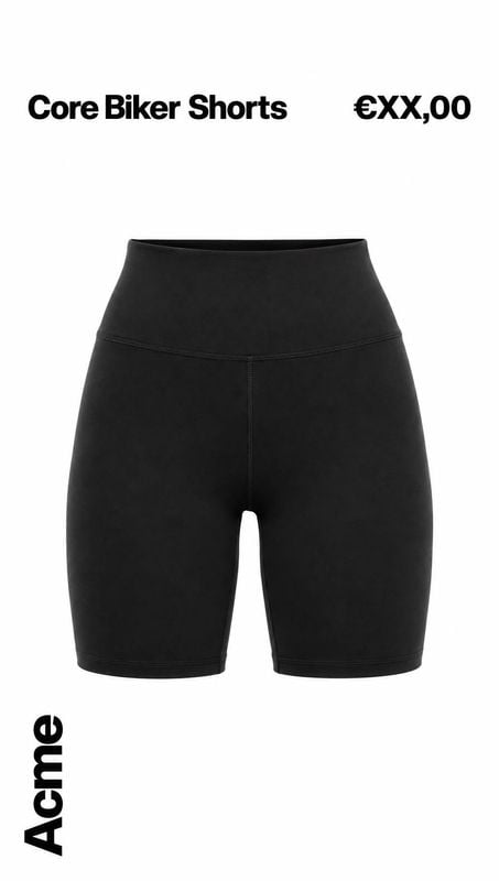 black biker shorts fashion product photo: Black biker shorts are centered against a clean white background, with bold black product and price typography and a…