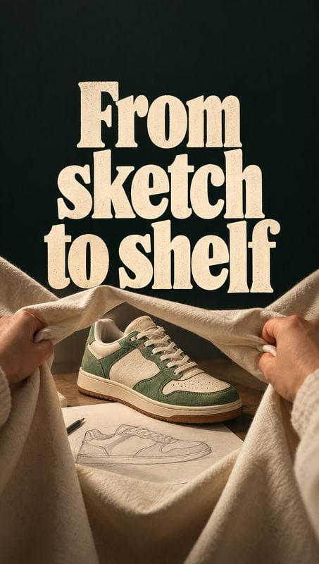 green-and-cream sneaker still life product photo: A green-and-cream sneaker sits above a matching pencil sketch as hands pull back beige fabric beneath large c…