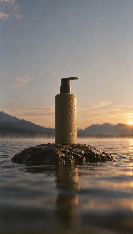 pump bottle lifestyle scene product photo: A simple pump bottle stands on a wet rock in a calm lake, with distant mountains and warm sunrise light creating a s…