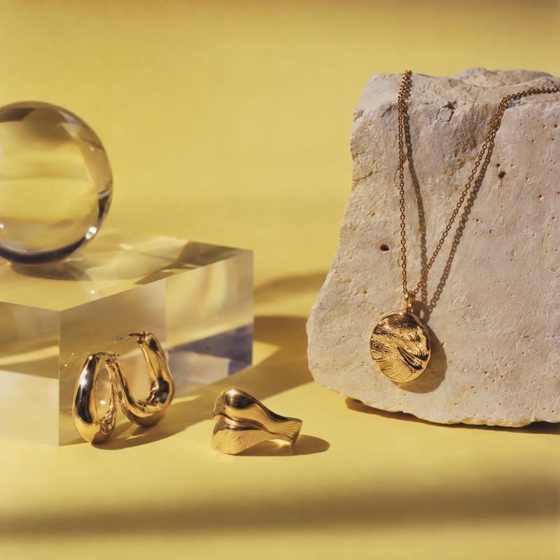 gold-tone jewelry set jewelry product photo: Gold-tone earrings, a ring, and a pendant necklace are arranged on a warm yellow studio surface with a clear acryl…