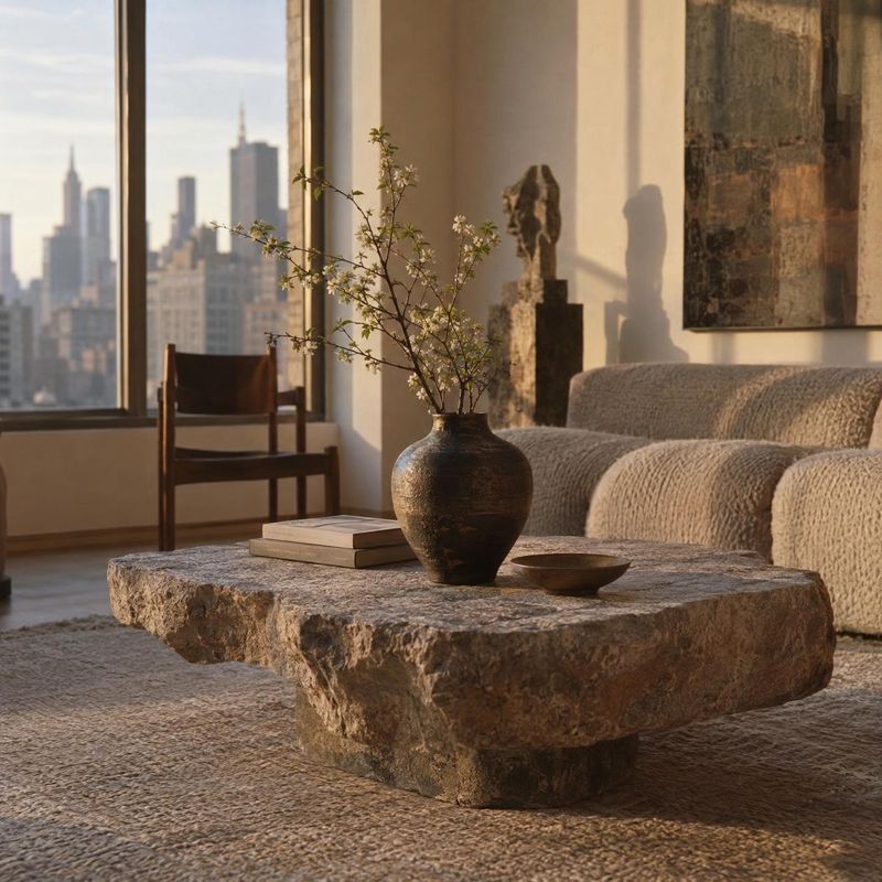 stone coffee table room set product photo: A sculptural stone coffee table anchors a warm, softly sunlit living room with textured furnishings, a vase of bloss…