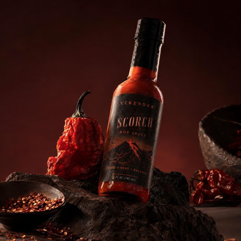 hot sauce food and drink product photo: A bottle of fiery red hot sauce stands among dried peppers, chili seeds, and dark stone props, lit dramatically against…