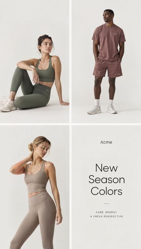 athletic apparel group lineup product photo: A clean studio collage presents three models in coordinated athletic outfits against pale backgrounds, with a mini…