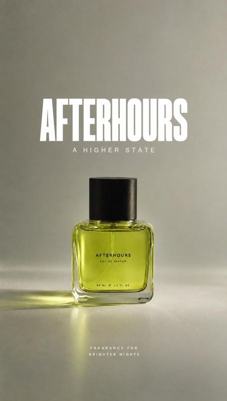 perfume packshot product photo: A green-tinted perfume bottle sits on a softly lit neutral surface beneath bold white AFTERHOURS typography, creating a polishe…