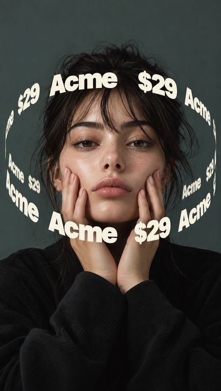 beauty close-up product photo: A close-up portrait of a woman in a black top against a dark studio background, framed by bold cream lettering and a $29 price f…