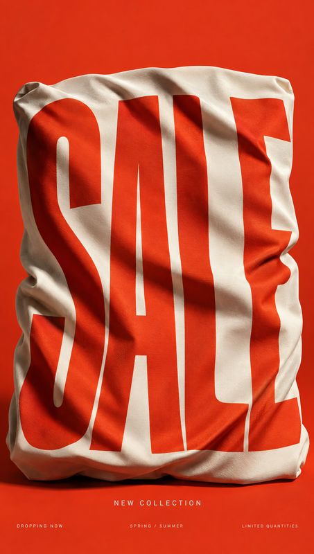 tote bag packshot product photo: A cream fabric tote printed with oversized red “SALE” lettering fills the frame against a vivid red studio background, with sm…