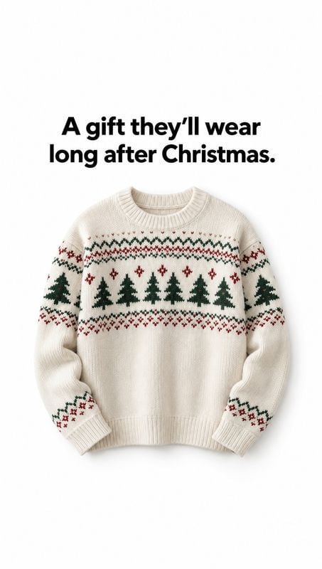Christmas sweater christmas product photo: An ivory knit sweater with green Christmas trees and red-and-green patterned bands is centered on a bright white bac…