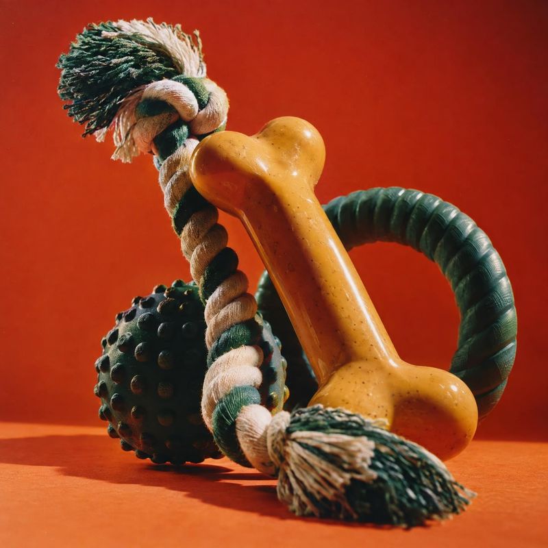 dog chew toys pet product photo: A chunky rubber bone and textured rope-and-ball dog toys are arranged against a vivid orange studio backdrop, lit with crisp d…