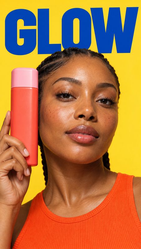 skincare bottle beauty close-up product photo: A woman in a vivid orange top holds a coral skincare bottle against a bright yellow studio backdrop, with bold b…