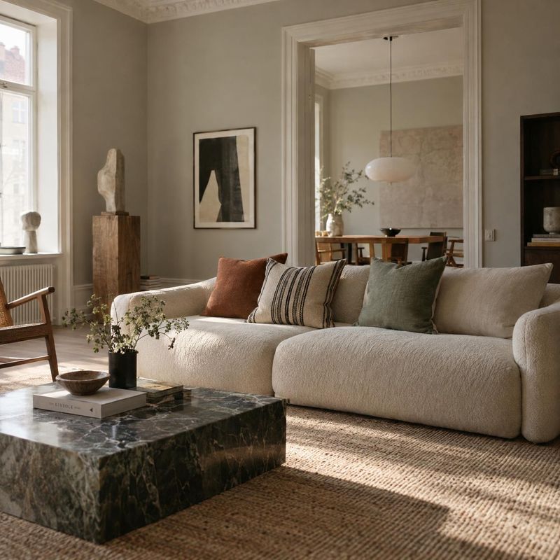 sofa room set product photo: A cream sofa with textured neutral cushions anchors a refined living room of sculptural decor and dark stone furniture, lit by sof…