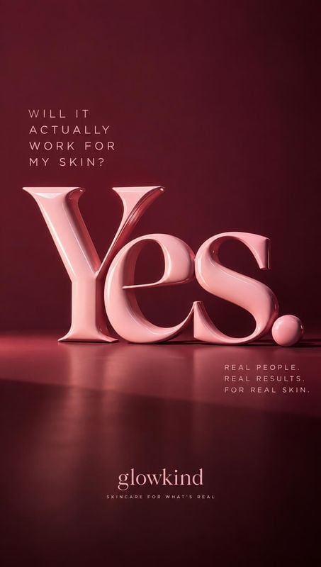 posters product photo: A glossy pink “Yes” fills a deep burgundy scene, paired with small skincare-focused messaging and soft, dramatic studio lighting for a b…
