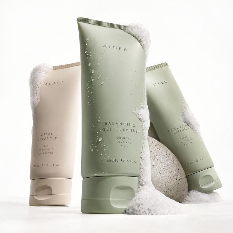facial cleanser set group lineup product photo: Three muted-toned cleanser tubes are arranged at varying heights on a bright white studio surface with foam and…