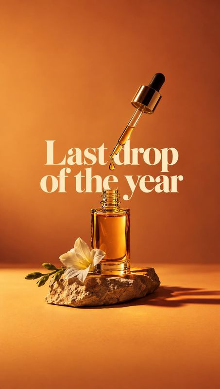 dropper bottle of beauty oil still life product photo: An amber dropper bottle rests on a rough stone beside a pale flower against a warm orange studio backdro…