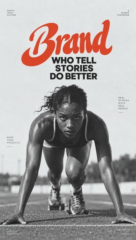 posters product photo: A black-and-white campaign photograph shows a female athlete crouched at the starting line on an outdoor track, beneath oversized red sc…