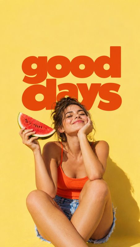 watermelon product in hand product photo: A smiling woman in an orange tank top and denim shorts sits against a bright yellow studio backdrop, holding a slice…