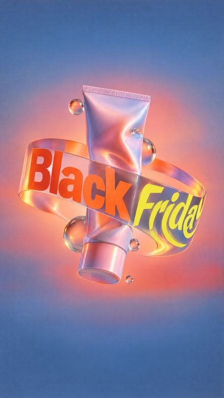 cosmetic tube floating product product photo: A pearlescent cosmetic tube floats among glassy bubbles against a blue and coral gradient, wrapped by bold Black…