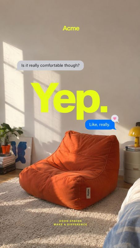 orange lounge chair room set product photo: An orange lounge chair sits in a sunlit living room with plants and side furniture, while oversized lime typography…