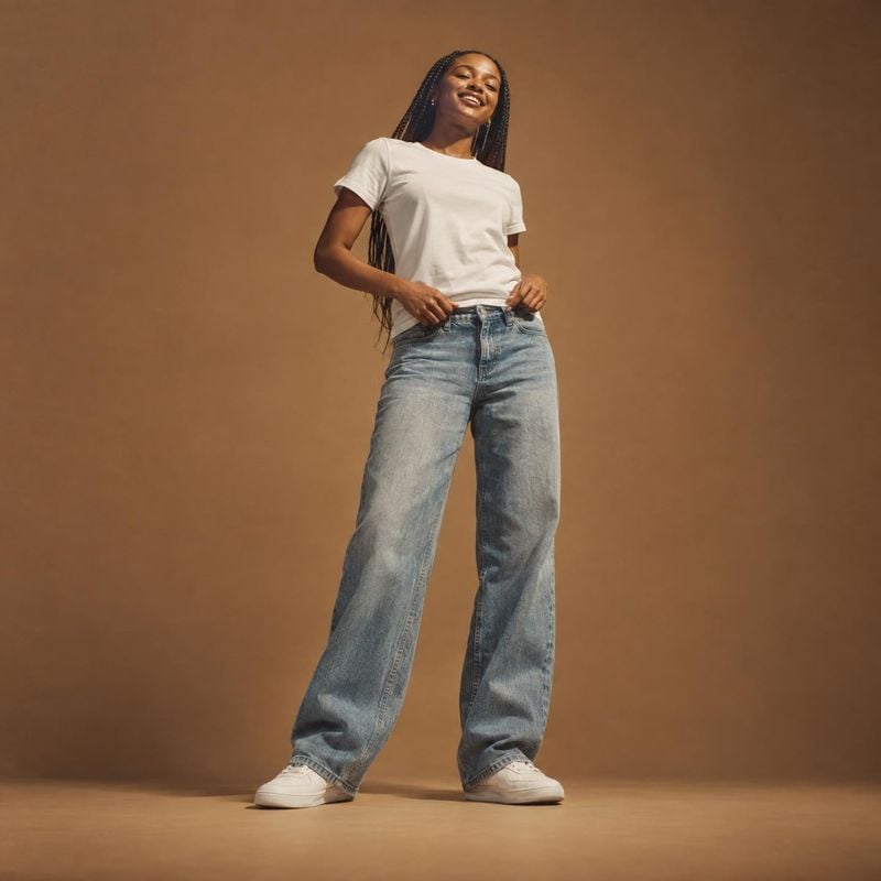 jeans model try-on product photo: A smiling woman models relaxed, wide-leg blue jeans with a white T-shirt and sneakers against a warm brown studio backdrop, l…