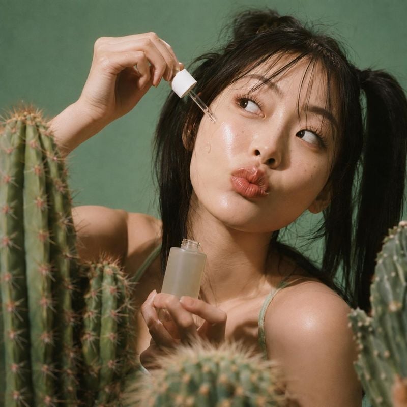 facial serum beauty close-up product photo: A woman holds a dropper of facial serum to her cheek among cacti, styled against a muted green backdrop with warm,…