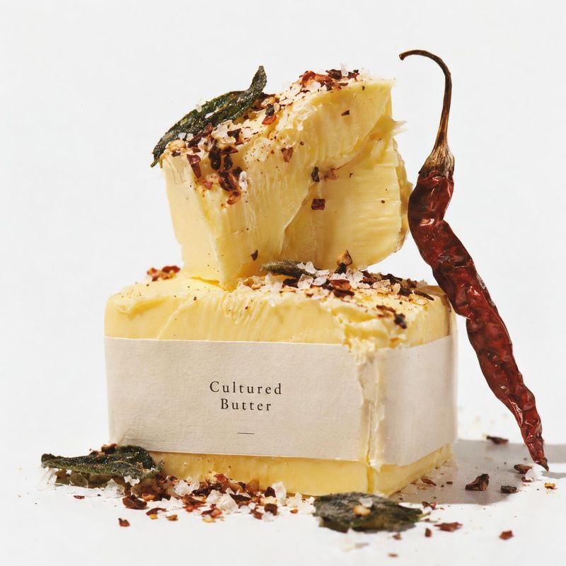 cultured butter food and drink product photo: A richly textured block of cultured butter, wrapped in a simple paper band and topped with herbs and chili, is st…