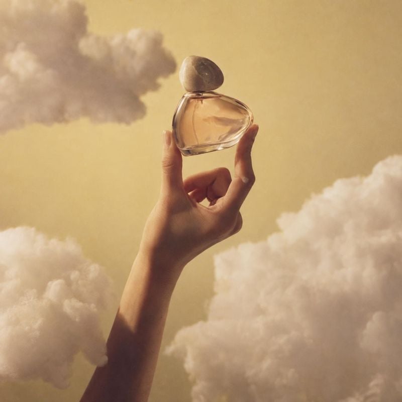 perfume bottle product in hand product photo: A hand delicately presents a glass perfume bottle against a dreamy, golden cloud backdrop, creating a soft and et…