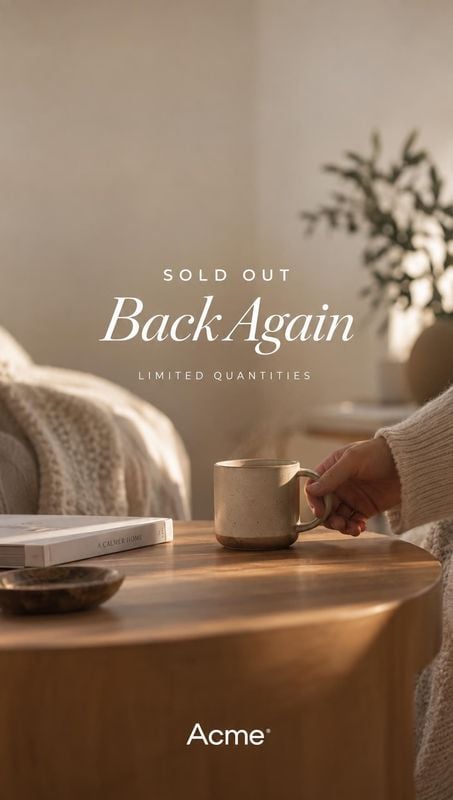 ceramic mug product in hand product photo: A hand in a soft knit sleeve holds a ceramic mug above a wooden coffee table in a warmly lit living room, with elega…