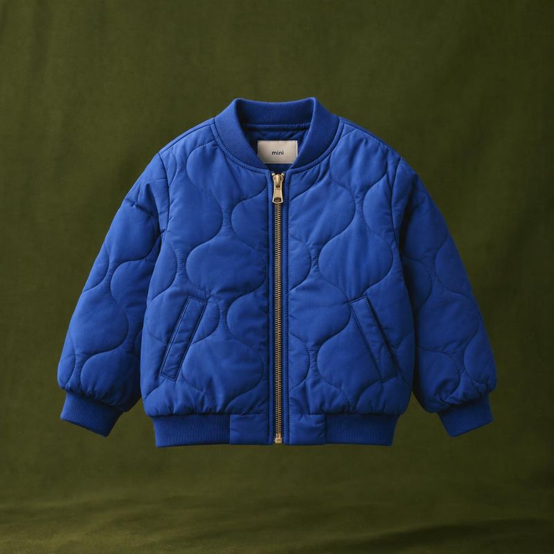 blue quilted jacket ghost mannequin product photo: A vivid blue quilted jacket is centered against a softly textured olive-green studio backdrop, with even dir…