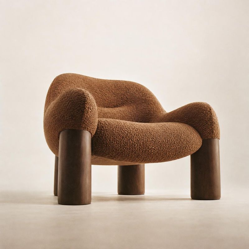 upholstered lounge chair home product photo: A sculptural brown bouclé lounge chair with dark cylindrical legs is photographed alone against a warm, seamless c…
