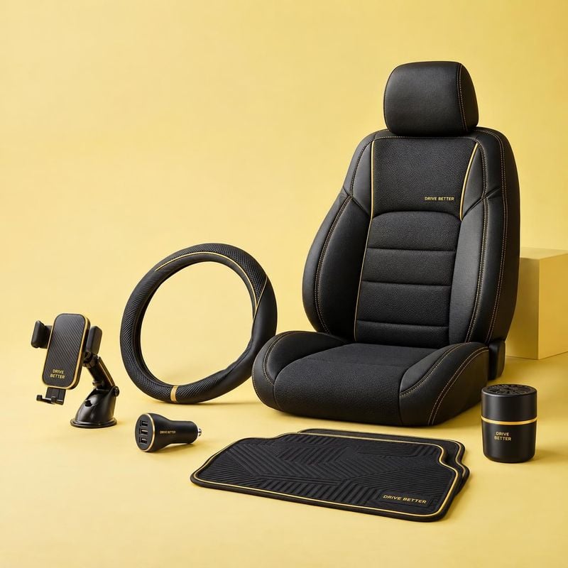 car accessories set group lineup product photo: A coordinated collection of black car accessories with yellow accents is arranged on a warm yellow studio set,…