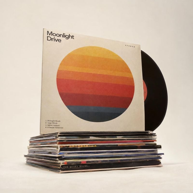 vinyl record album still life product photo: A vinyl record peeks from a retro sunset album sleeve atop a stack of records, styled against a warm cream studio…