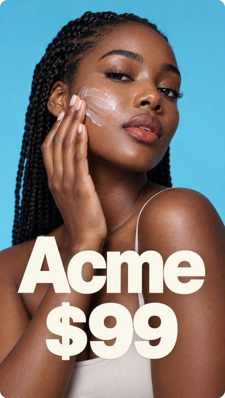 face cream beauty close-up product photo: A model with braided hair applies face cream to her cheek against a bright blue studio backdrop, with bold cream-colo…