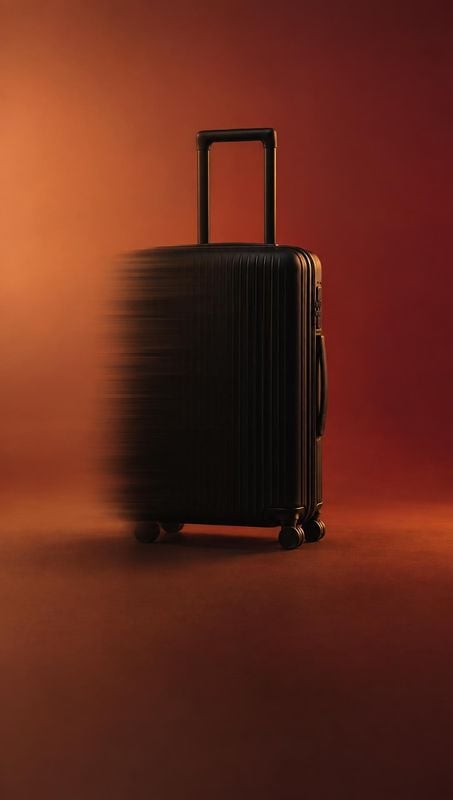 rolling suitcase fashion product photo: A black ridged rolling suitcase stands against a warm orange-red studio backdrop, with dramatic side lighting and a mot…
