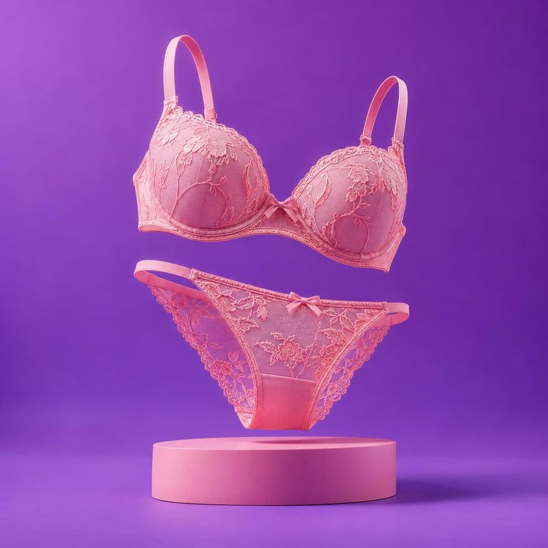lace lingerie set floating product product photo: A pink lace bra and matching briefs float above a round pedestal against a vivid purple studio backdrop, with…