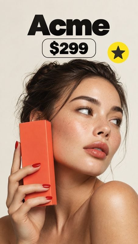 orange cosmetic box product in hand product photo: A close-up beauty portrait shows a woman with natural makeup and red nails holding an orange box against her…