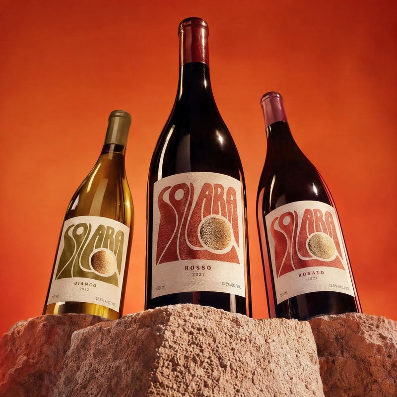 wine bottles group lineup product photo: Three wine bottles in white, red, and rosé are arranged among rough stone props against a vivid orange studio backdrop…