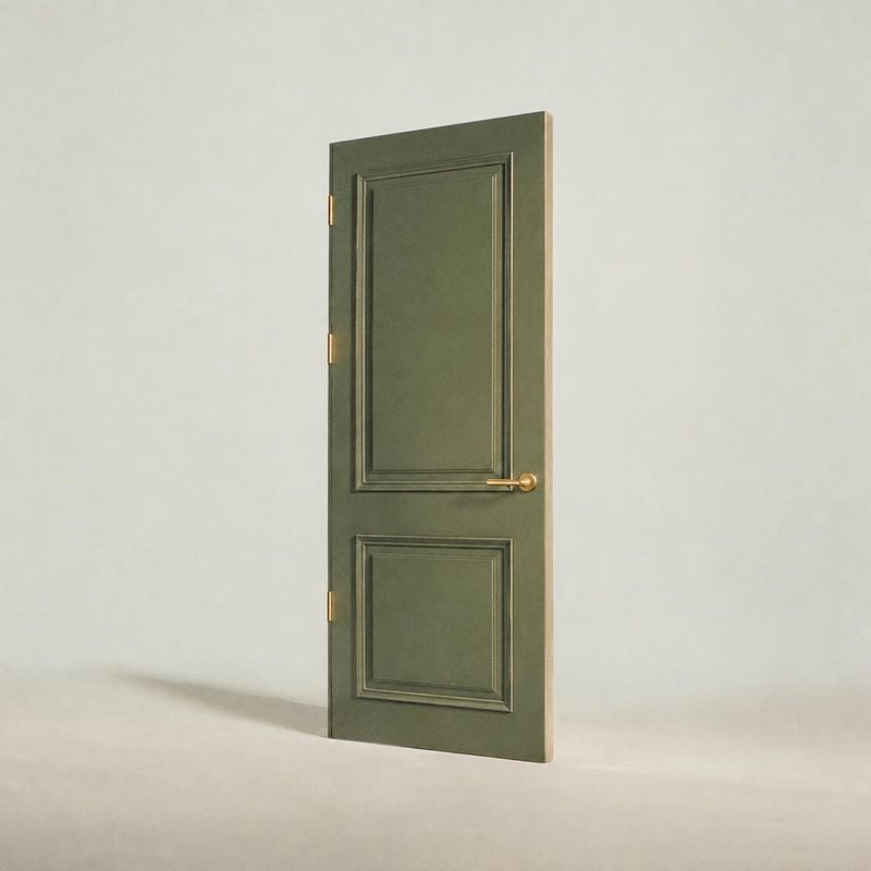green paneled door packshot product photo: A dark olive-green paneled door with brass hardware stands alone against a pale seamless studio background, lit soft…