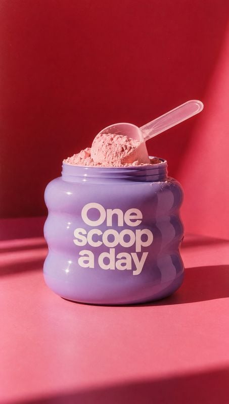 powder supplement tub personal care product photo: A lavender supplement tub topped with pink powder and a clear scoop sits against a vivid red-pink studio bac…