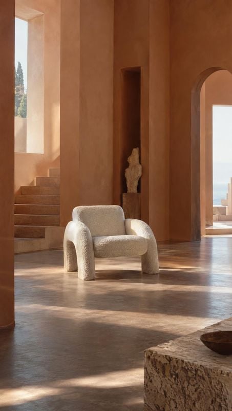 upholstered armchair room set product photo: A sculptural cream bouclé armchair sits in a sunlit terracotta-toned interior with arched openings, stone surfaces…