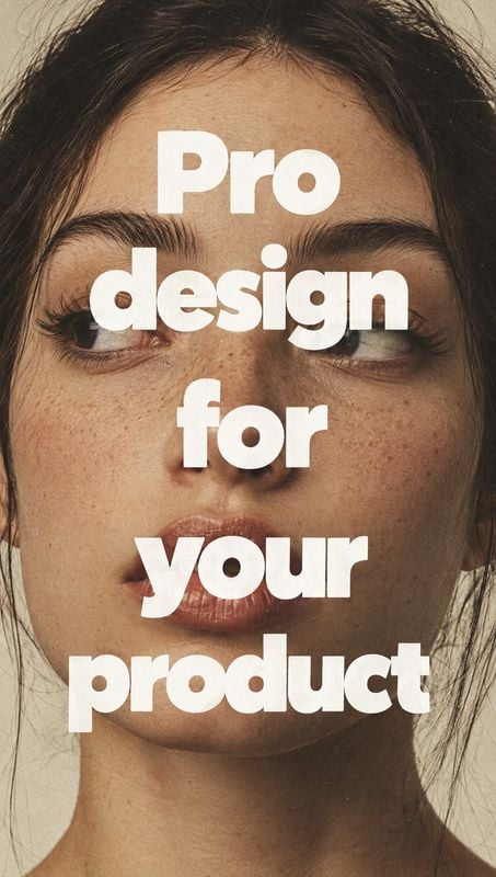 beauty close-up product photo: A tightly framed portrait of a woman against a muted neutral backdrop, overlaid with bold white stacked typography reading “Pro…