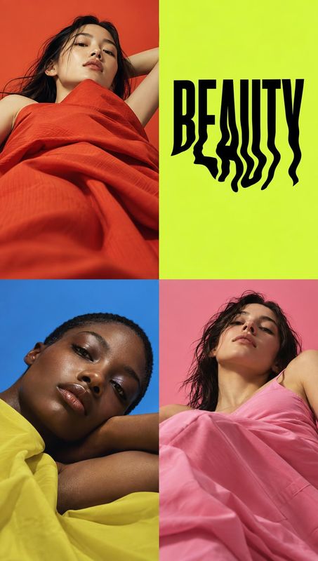 beauty close-up product photo: A colorful four-panel beauty campaign pairs close-up portraits of three women draped in vivid fabrics with bold black “BEAUTY” t…