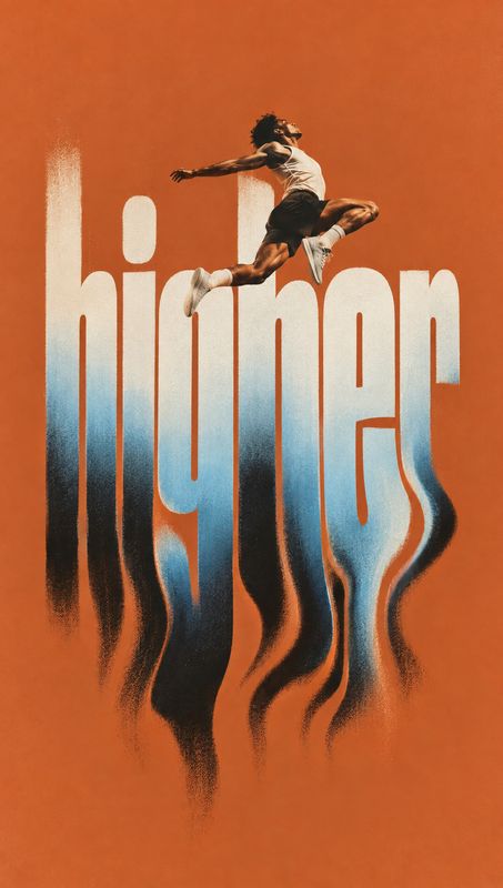 action & motion product photo: A male athlete leaps across oversized cream lettering that reads “higher,” with blue-black distortion trailing down over a vivid…