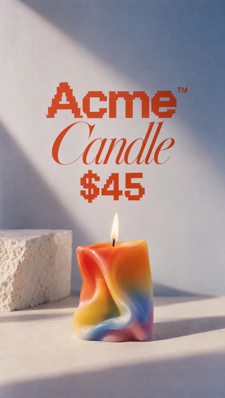 candle still life product photo: A colorful sculptural candle burns on a pale stone surface beside a rough stone block, with warm directional light and bold re…