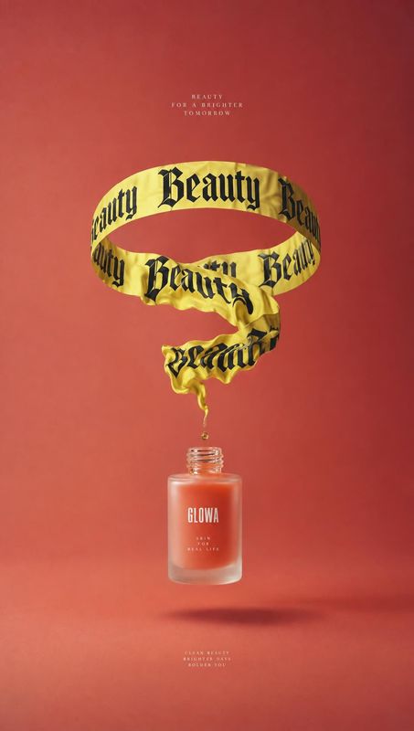 facial oil floating product product photo: A glowing facial oil bottle floats beneath a curling yellow ribbon printed with gothic lettering against a warm red…