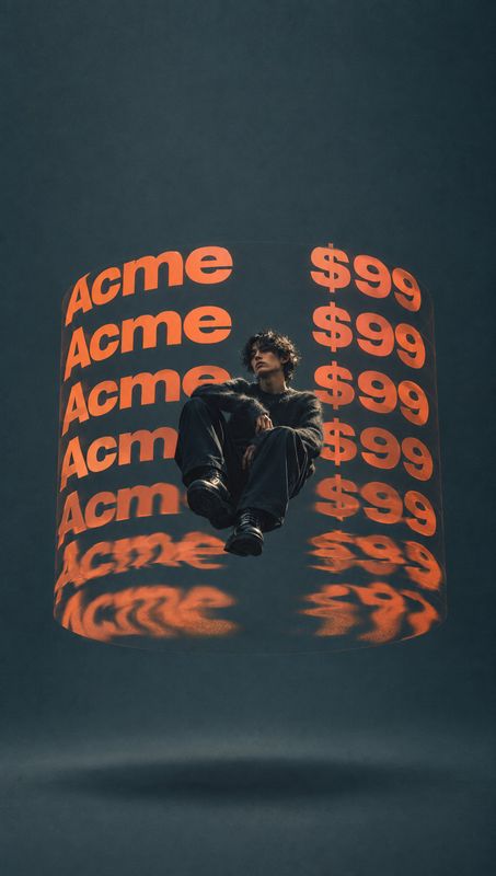 floating product product photo: A casually dressed man sits suspended against a dark teal backdrop, surrounded by oversized orange “Acme” lettering and repeate…